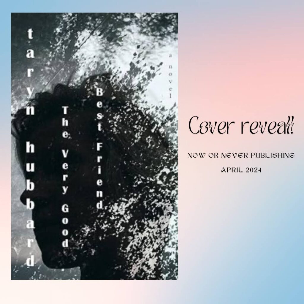 A social media graphic with the cover of The Very Good Best Friend: A Novel cover overtop of a blue and pink abstract background.