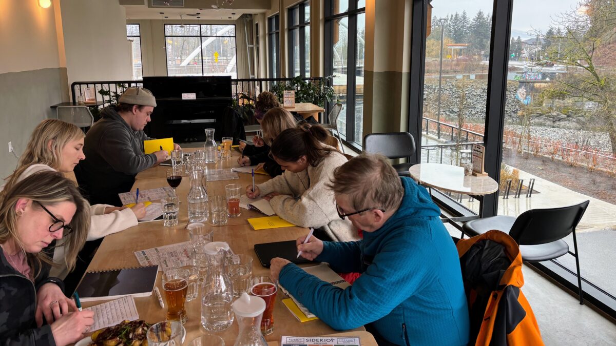 Writers in a workshop at Sidekick Brewing